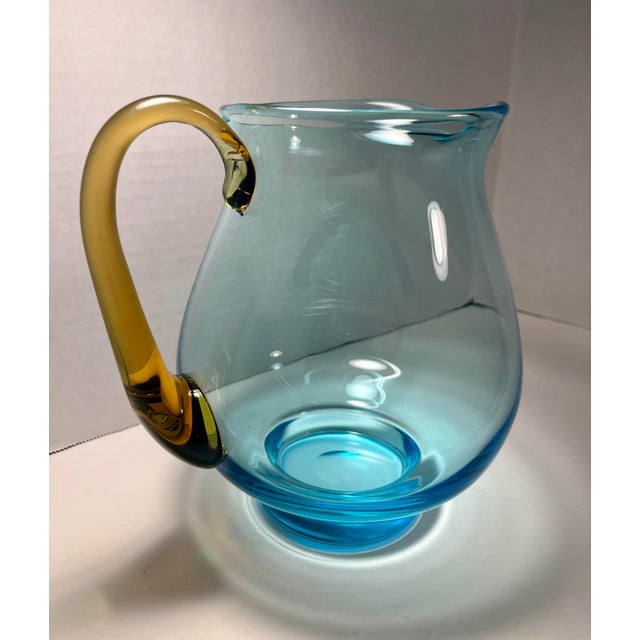 1970s Vintage Mid-Century Modern Scandinavian Blue & Amber Hand Blown Glass Pitcher 8" For Sale - Image 5 of 8