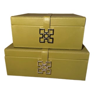 Vintage Global Views Chartreuse Leather Decorative Boxes With Polished Chrome Greek Key Hardware - Set of 2 For Sale
