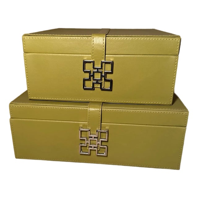Vintage Global Views Chartreuse Leather Decorative Boxes With Polished Chrome Greek Key Hardware - Set of 2 For Sale