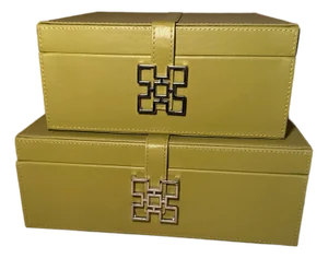 Vintage Global Views Chartreuse Leather Decorative Boxes With Polished Chrome Greek Key Hardware - Set of 2