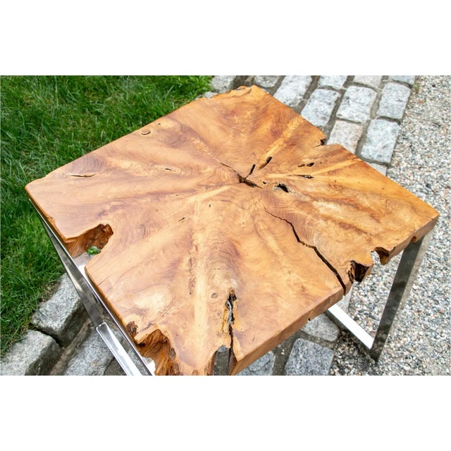 Mid-Century Modern 1970s Modern Chrome and Live-Edge Teak Top Side Table For Sale - Image 3 of 7