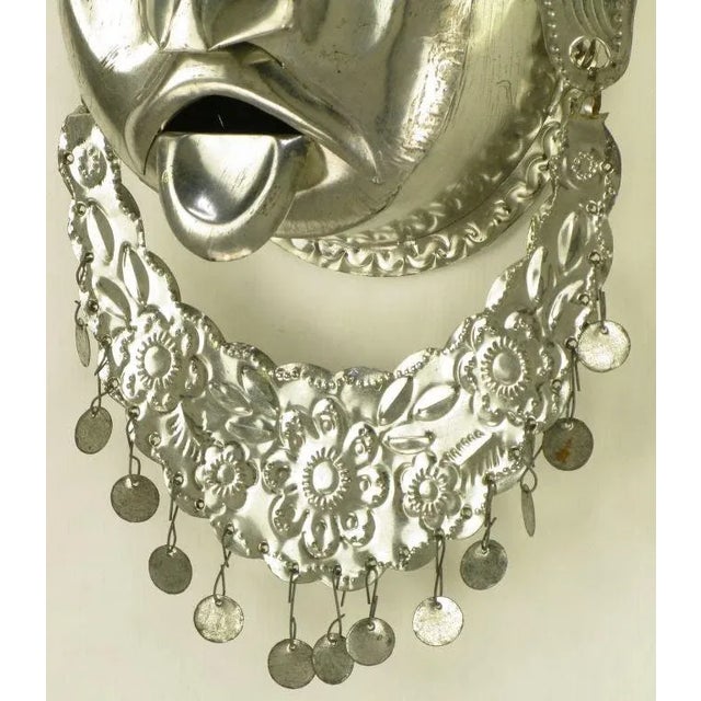 Silver Stamped & Polished Metal Tribal Mask Wall Hanging For Sale - Image 8 of 9