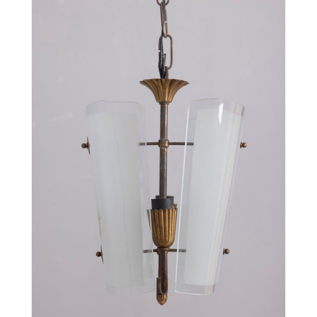 Chandelier with gilded brass structure and decorated curved glass lampshades, Italian design, 1950s. Up to 250V (Europe/UK...