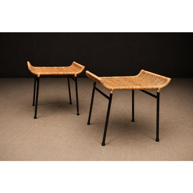 Metal Pair of Caned Stools With Iron Frame by Carlo Hauner, Forma, Brazilian Modern, 1950s For Sale - Image 7 of 15