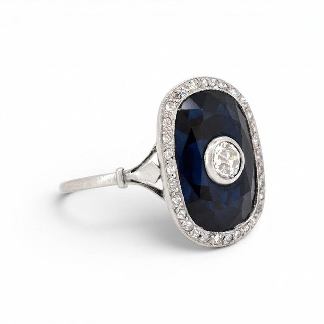Antique Art Deco Cocktail Ring — 10-15ct Natural Sapphire & Old-Cut Diamond, Size 9.5 For Sale - Image 4 of 7
