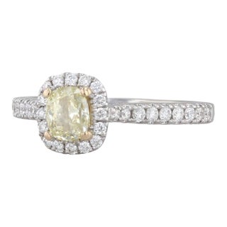 0.84ctw Yellow White Diamond Halo Engagement Ring 14k White Gold Size 5.75 Atara For Sale