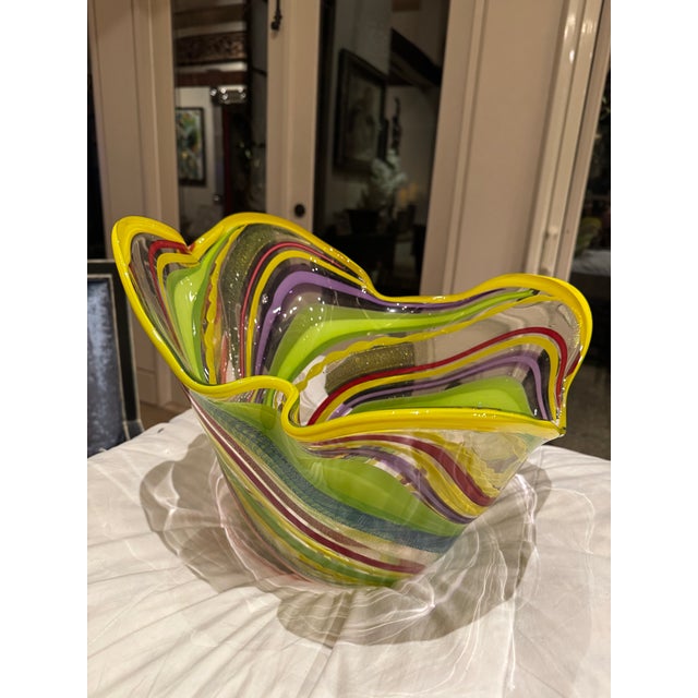 Large Art Glass Blown Bowl Signed by the Artist: Rollin Karg, Dimensions: 9"-13 5/8" Ht x approximately 15-16" Diameter...