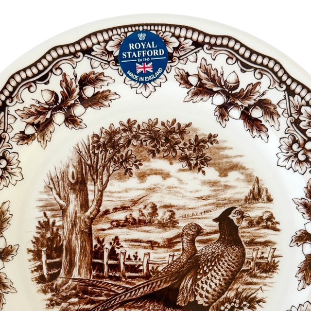 Royal Stafford Royal Stafford English Brown Transferware Pheasants & Acorns Thanksgiving Dinner Plates - Set of 12 For Sale - Image 4 of 7