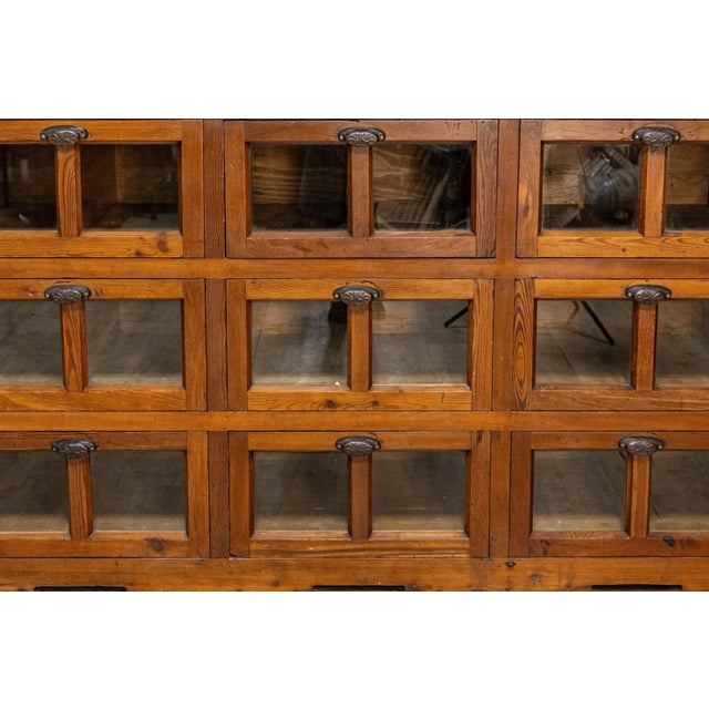 Italian Mid 20th Century Italian Walnut and Iron Pastaia Shop Cabinet with Nine Drawers and Glass Panels For Sale - Image 3 of 8