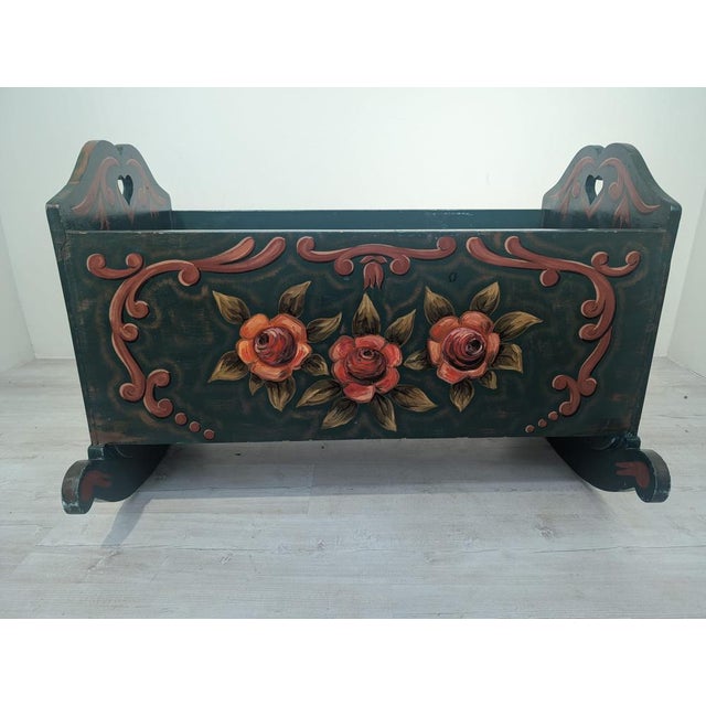 Green Vintage Hand-Painted Wooden Cradle, 1940s For Sale - Image 8 of 14