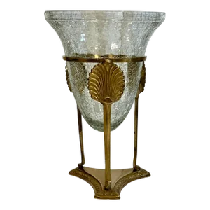Vintage Hollywood Regency Crackled Glass Vase With Three-Footed Shell Brass Mount