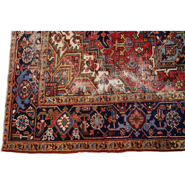 Antique Persian Heriz Red Handmade Medallion Motif Wool Rug For Sale - Image 4 of 11