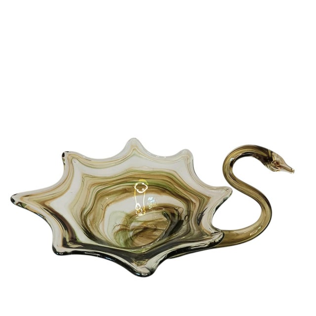 Large Art Glass Swan Vase Green Brown Swirl Handblown Mid-Century Modern Sooner Glass For Sale In Austin - Image 6 of 16