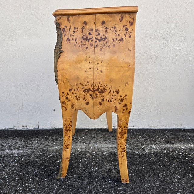 Vintage Birdseye Maple Veneer Bombe Two Drawer Chest of Drawers, Pair For Sale - Image 11 of 18