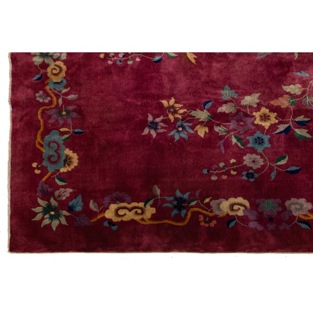 Red 1920s Antique Art Deco Chinese Red Wool Rug With Floral Pattern For Sale - Image 8 of 11