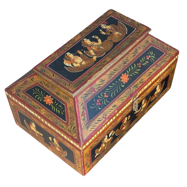 1920s Anglo Raj Indian Hand Painted Wooden Jewelry Box For Sale - Image 4 of 9