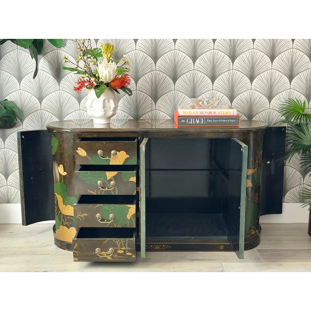 Vintage Mid-Century Modern Hand-Painted Asian Chinese Chinoiserie-Style Lacquered Oval Credenza Buffet Sideboard Cabinet For Sale - Image 11 of 18