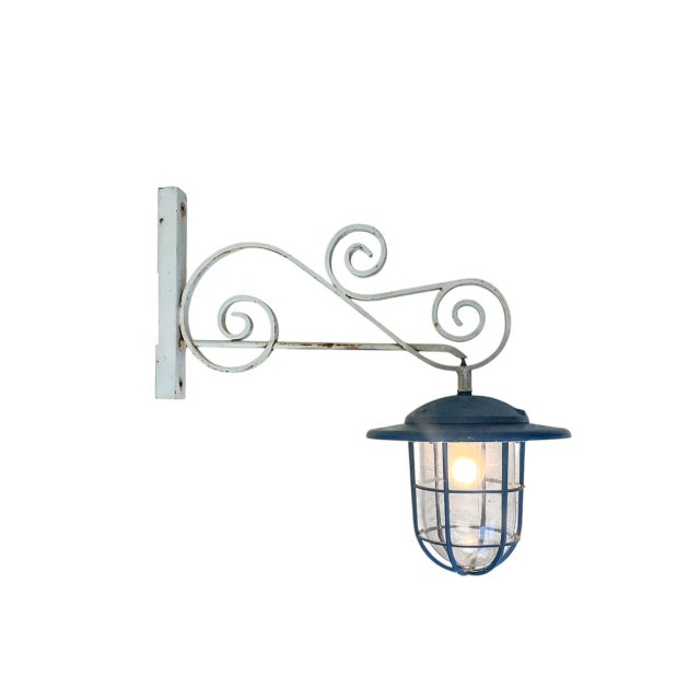 Mid-Century Modern Caged Outdoor Wall Lantern Light with Scroll Bracket, 1960s For Sale - Image 3 of 12