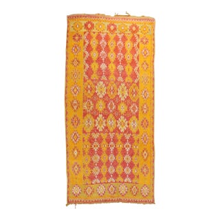 Mid 20th Century Saffron Red Quirky Moroccan Colorful Geometric Accent Rug - 4'6" x 9'2" For Sale