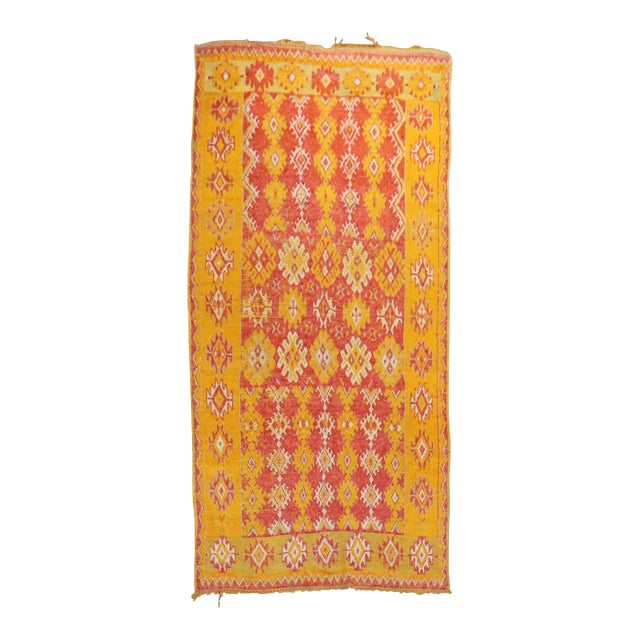 Mid 20th Century Saffron Red Quirky Moroccan Colorful Geometric Accent Rug - 4'6" x 9'2" For Sale