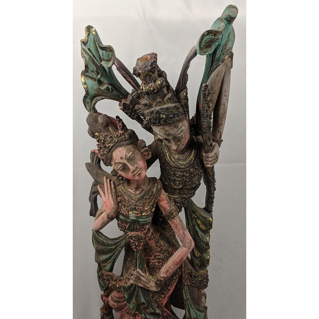 Mid 20th Century Large Vintage Balinese Polychrome Carved Wood Rama and Sita Sculpture, 32" For Sale - Image 5 of 17