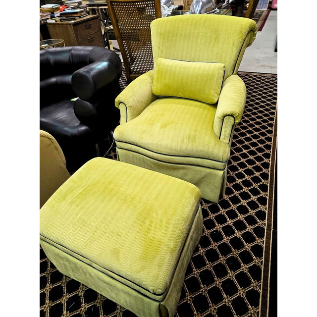 Chartreuse Custom Designer Upholstered Armchair & Ottoman Set of 3 For Sale - Image 4 of 8