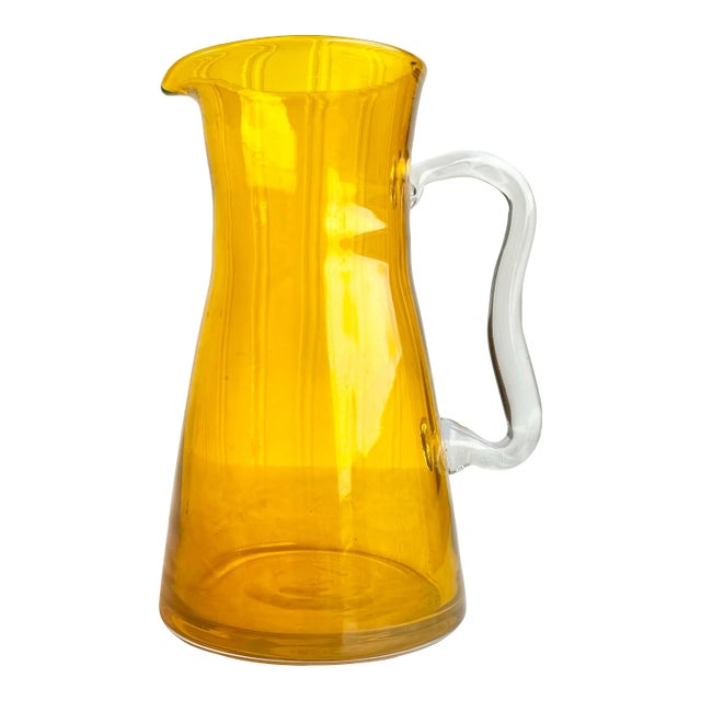 Bright Yellow Glass Pitcher With Clear "Wiggle" Handle For Sale