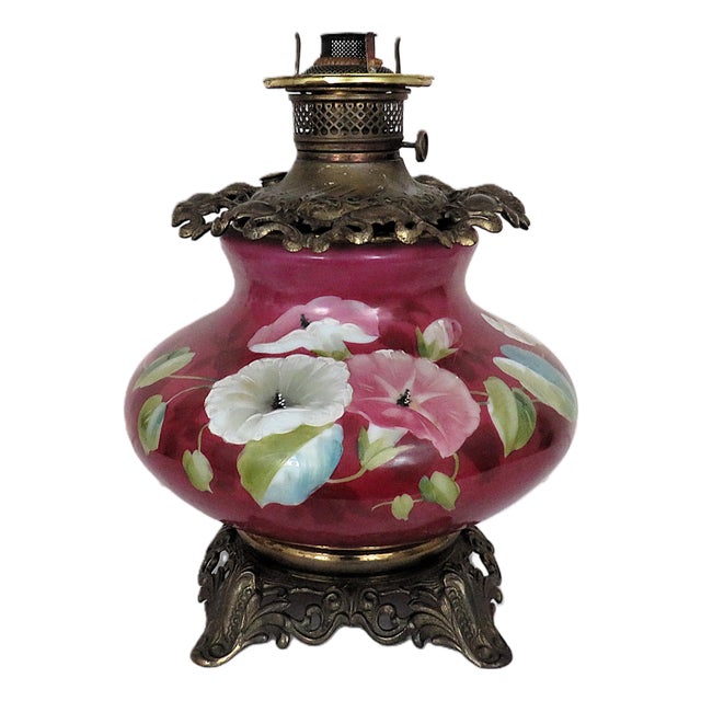 19th C. Oil Kerosene Lamp Base W/ Font Gone With the Wind Banquet Antique Victorian Morning Glories For Sale