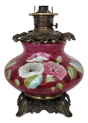19th C. Oil Kerosene Lamp Base W/ Font Gone With the Wind Banquet Antique Victorian Morning Glories