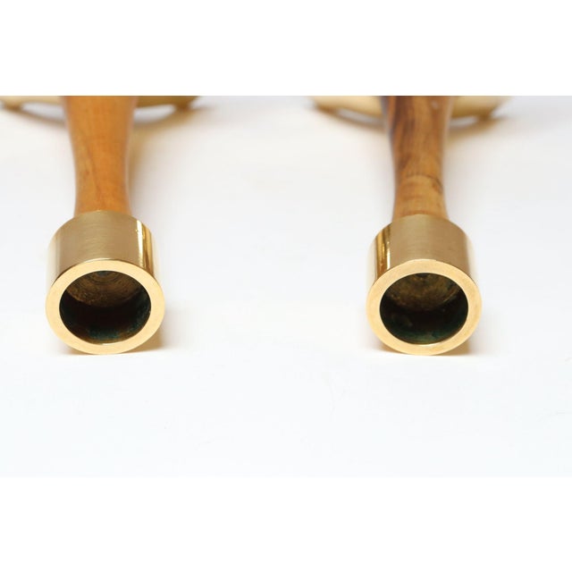 Wood Pair of Sculptural Vintage Austrian Brass and Walnut Candlesticks For Sale - Image 7 of 18