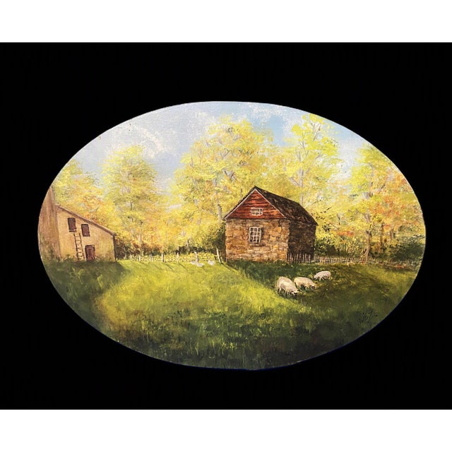 1980's Oval Bentwood Shaker Box, Folk Art Rural Scene, Artist Signed Inez, 11" For Sale - Image 12 of 17