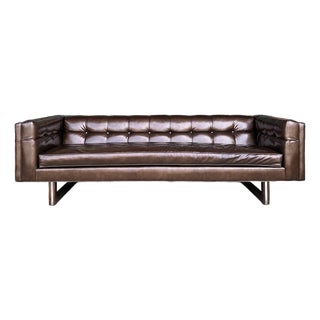 Midcentury Modern Matallic Brown Tufted Vinyl Sofa Wood and Chrome Legs For Sale