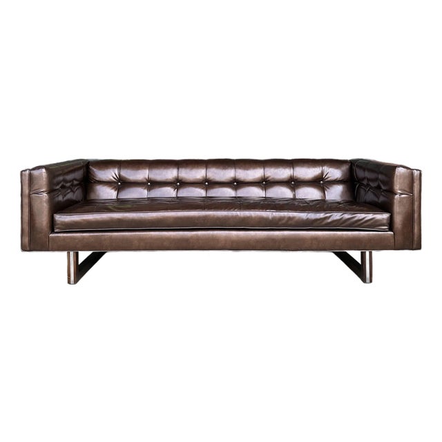 Midcentury Modern Matallic Brown Tufted Vinyl Sofa Wood and Chrome Legs For Sale