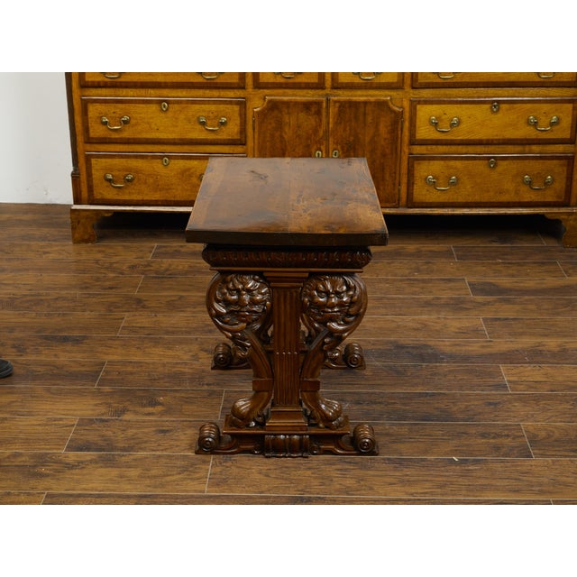 Italian Italian 1800s Walnut Side Table with Lion Motifs and Richly Carved Trestle Base For Sale - Image 3 of 11