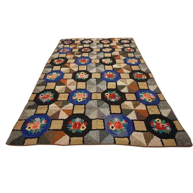 American 1920s Multi Grid Folk Art Antique American Hooked Rug 6'0" X 9'0" Woven Wool Carpet For Sale - Image 3 of 11