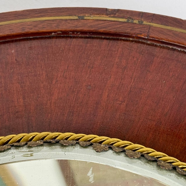 Fancy Antique Rounded Mirrored Plateau Gallery Tray Sitting Atop a Brass Inlaid Mahogany Platform For Sale - Image 4 of 9