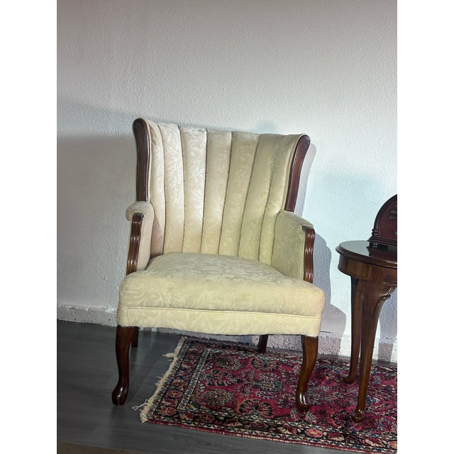 American Vintage Wingback Accent Chair by Les Brown Furniture | Damask Upholstery & Wood Trim For Sale - Image 3 of 5