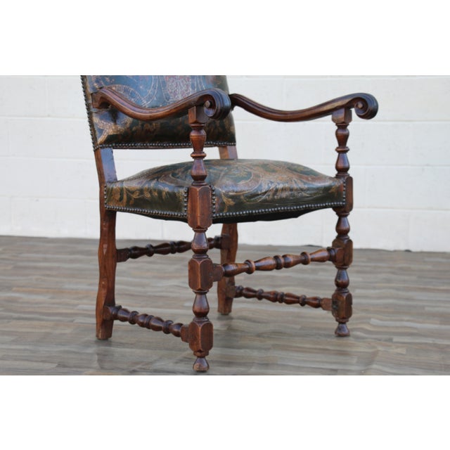 Mid 18th Century Pair of Early 18th Century Carved Wood Armchairs With Embossed Leather Upholstery For Sale - Image 5 of 18