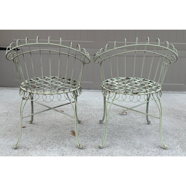 Light Green Mid-Century French Wrought Iron Garden Chairs in the Style of Mathieu Matégot - A Pair For Sale - Image 8 of 18