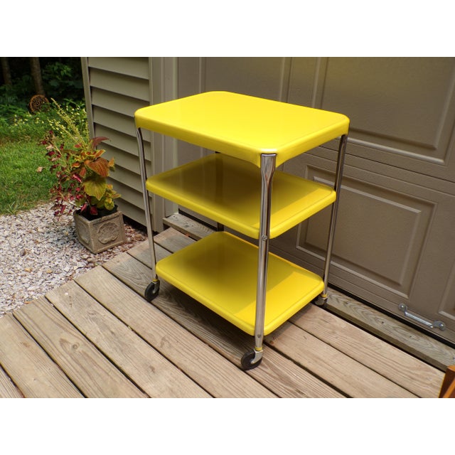 Vintage Industrial Yellow Cosco Chrome Kitchen 3 Shelf Utility Cart With Wheels For Sale - Image 12 of 18