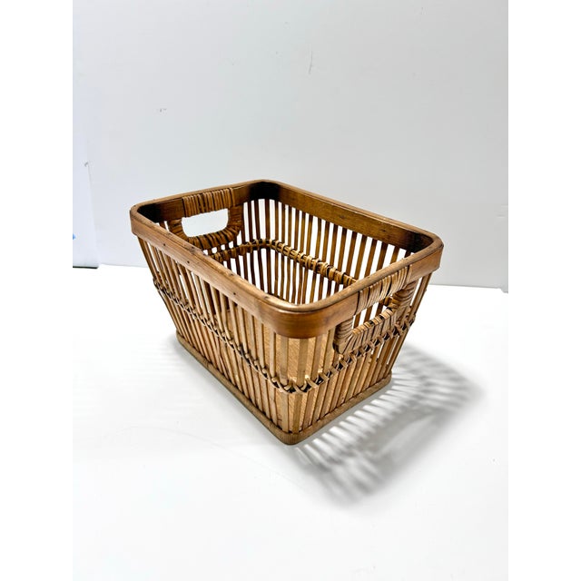 Brown Vintage Woven Wood & Rattan Storage Basket With Handles – Rustic Kitchen, Pantry or Countertop Organizer For Sale - Image 8 of 11