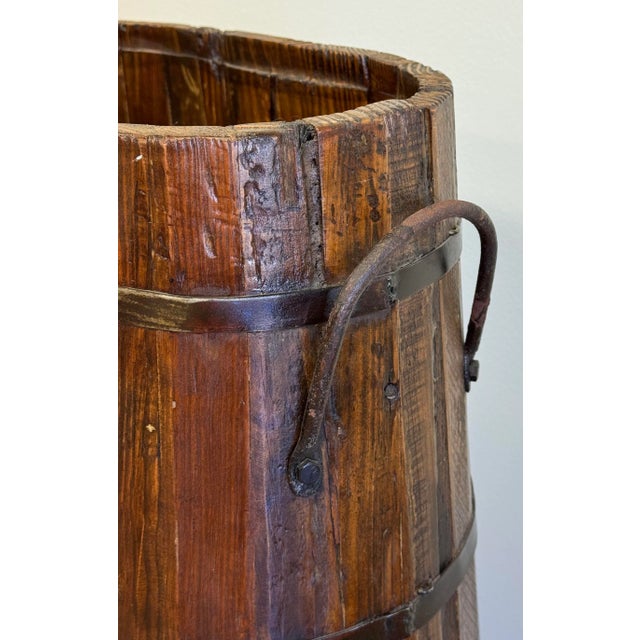 Antique Large Wood Bucket Umbrella Stand With Metal Fittings For Sale - Image 9 of 10