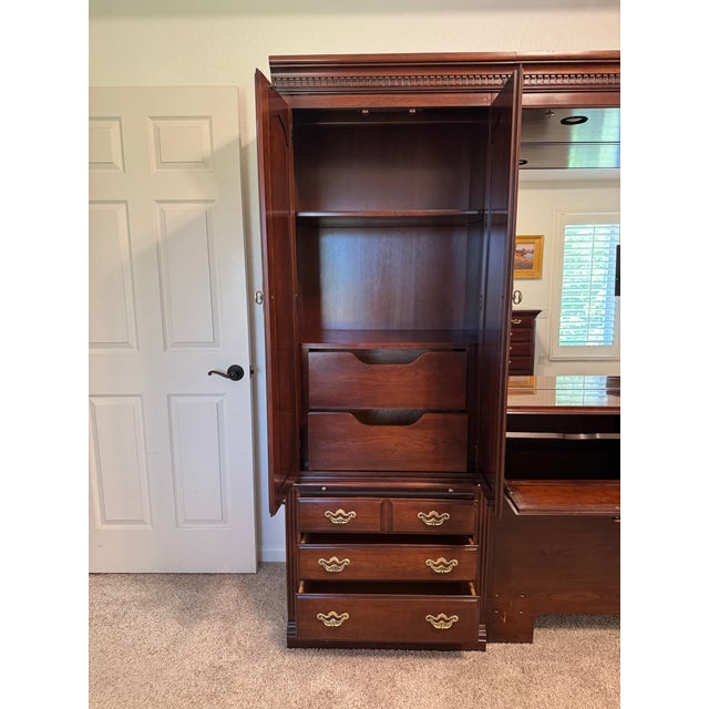 Vintage Thomasville Illuminated Cherry Queen Bed Unit- Headboard, Bridge, Nightstand Armoires, & Mirror For Sale - Image 14 of 18