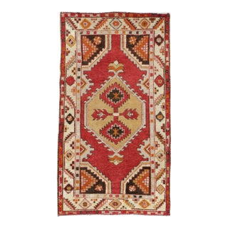 Galerie Shabab Collection Mid-20th Century Handmade Turkish Oushak Throw Rug in Red and Ivory For Sale