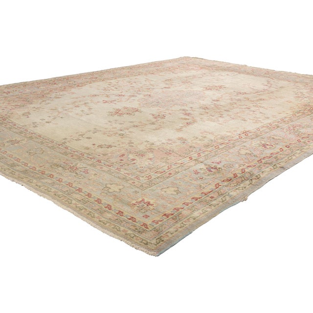 71741 Distressed Antique Turkish Oushak Rug, 08'06 x 10'10. Bathed in the hush of time and the glow of Anatolian light,...