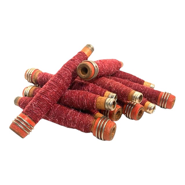Early 20th Century Wooden Textile Quills Burgundy Thread Wound Set of 12 For Sale