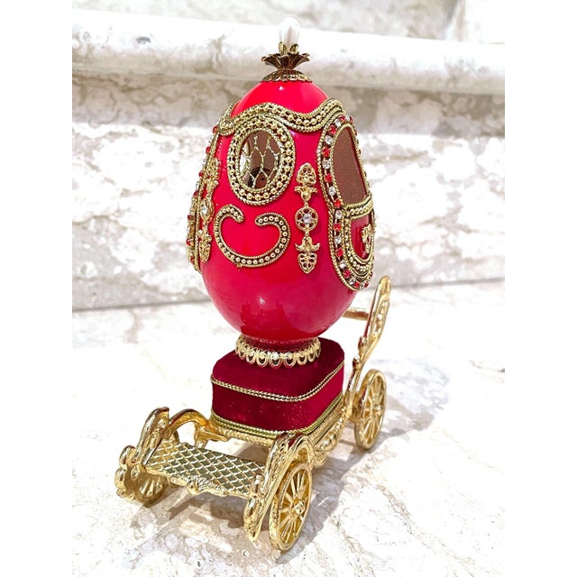 Gold 1984 Vintage Fabergé Egg Style XXXXL Pierre Lorren Natural Egg Hand Carved Faberge Style Music Austrian Crystal Pure Gold Deco Handmade 5.1" X 5.9" For Sale - Image 8 of 10