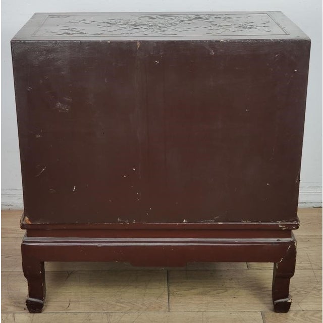 Antique Storage Cabinet Oriental Chinese Red Lacquer Chinoiserie W Stand & Brass For Sale - Image 18 of 18