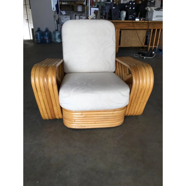 Restored Six-Strand Square Pretzel Rattan Sofa and Lounge Chair Set For Sale In Los Angeles - Image 6 of 11