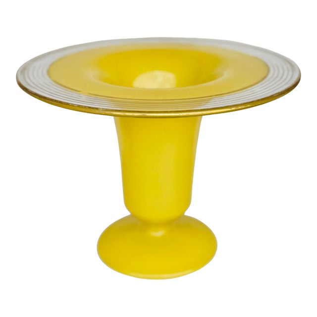 Vintage Bohemian Czech Tango Handblown Yellow Glass Vase With Painted Gold Rings and Wide Rim – Mid-Century Gilded Art Glass Centerpiece For Sale